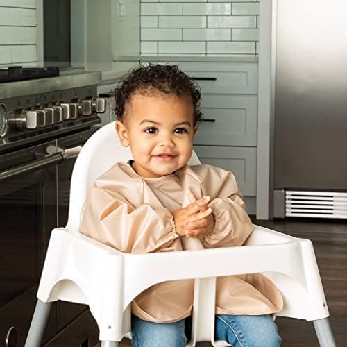 Tiny Twinkle Mess Proof Baby Bibs, 2pk Waterproof Smock Baby Bibs for Eating, Machine Washable Long Sleeve Bibs, Baby Led Weaning, Toddler Bibs, BLW Supplies (Sand Cinnamon, Large 2-4 Years)