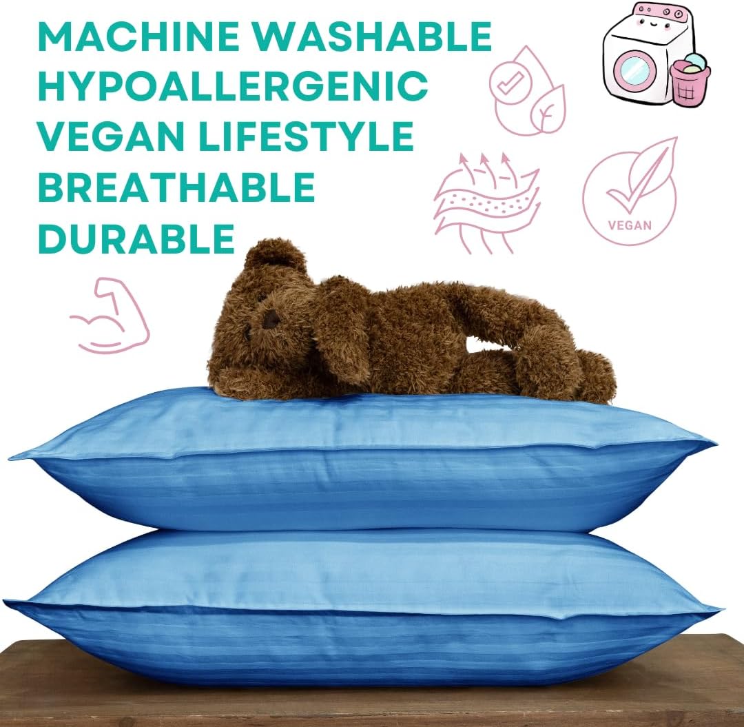 kinder Fluff Children Pillows (2X) - The Only Twin Pillows for Kids 300T Cotton Shell & Down Alternative Fill - Ideal for Travel, Bedding Set & Floor Cushions (16x24in - Blue)