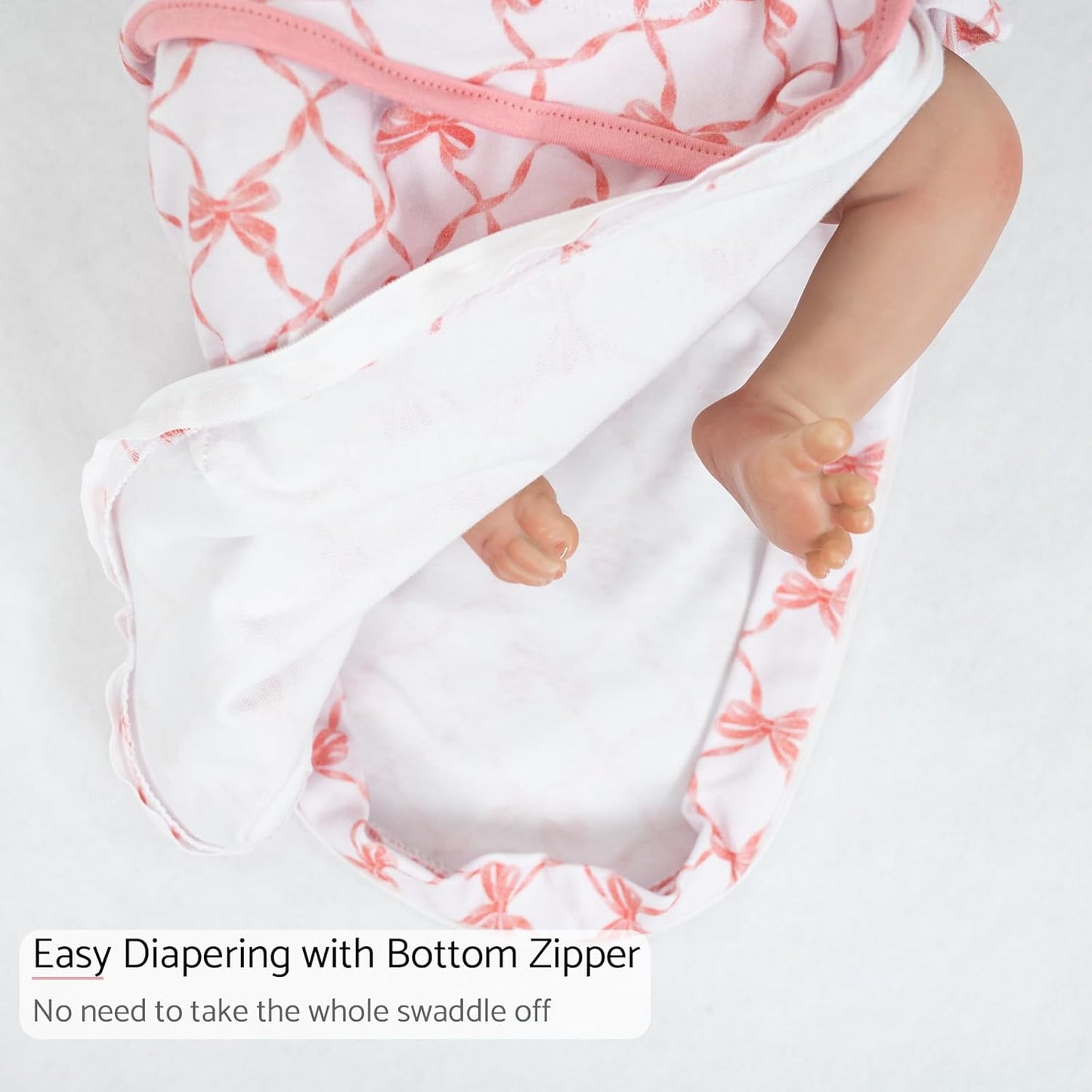 LollyBanks Baby Swaddles 100% Organic Cotton, 0-3 Months Baby Girl Swaddles with Easy Change Zipper, Swaddle Sack for Newborn Girls (Pink Bow Print)