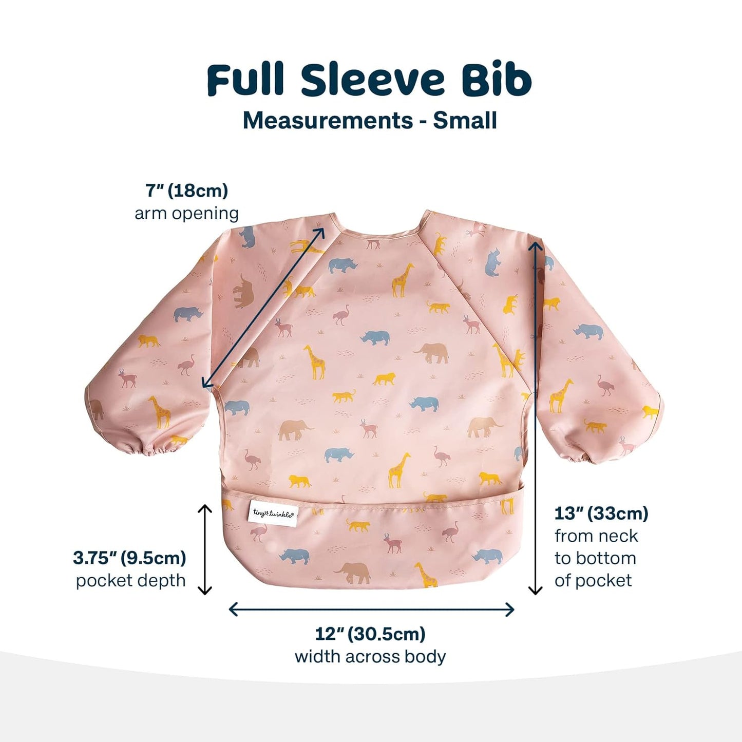 Tiny Twinkle Mess Proof Baby Bib,Waterproof Smock Baby Bib for Eating,Machine Washable Long Sleeve Bib,Baby Led Weaning,Toddler Bib,BLW Supplies(Petite Safari, Small 6-24 Months)