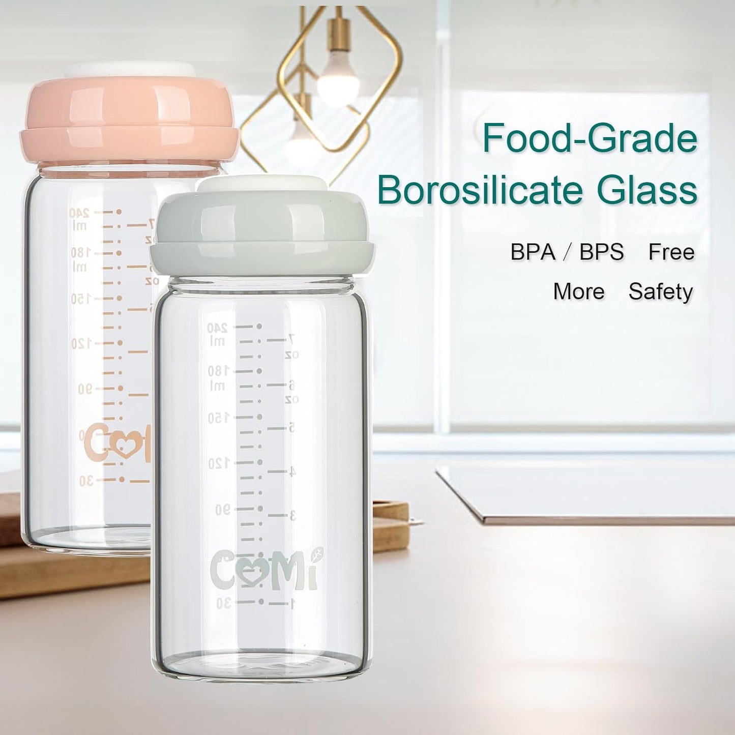 COMI Wide Neck Glass Breastmilk Collection n Storage Bottle, 8oz with Screw Ring Sealing Disk; Re-markable Sealing Disc. BPA Free, Fits Breast Pumps & Nipples (2 Gray Lids)