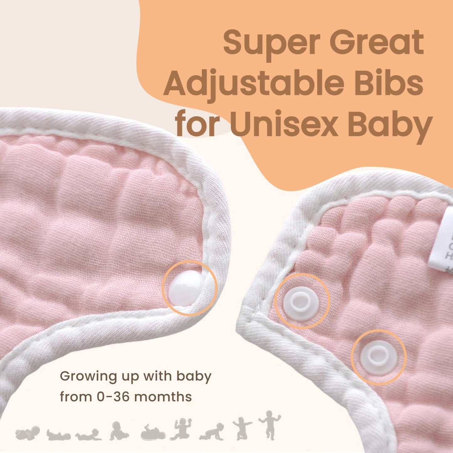 MUKIN Baby Drooling Towel, Snap Bibs, Muslin Bibs, 6 Pack, Adjustable, Soft Cotton