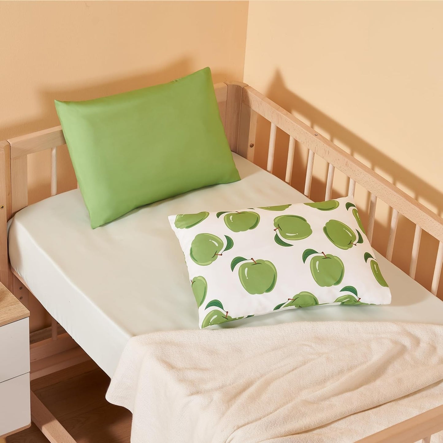 TILLYOU Toddler Pillowcases 13 x 18 Travel Pillow Case 2 Pack, Kids Pillowcases Machine Washable with Envelope Closure, Green Apple & Fruit Green