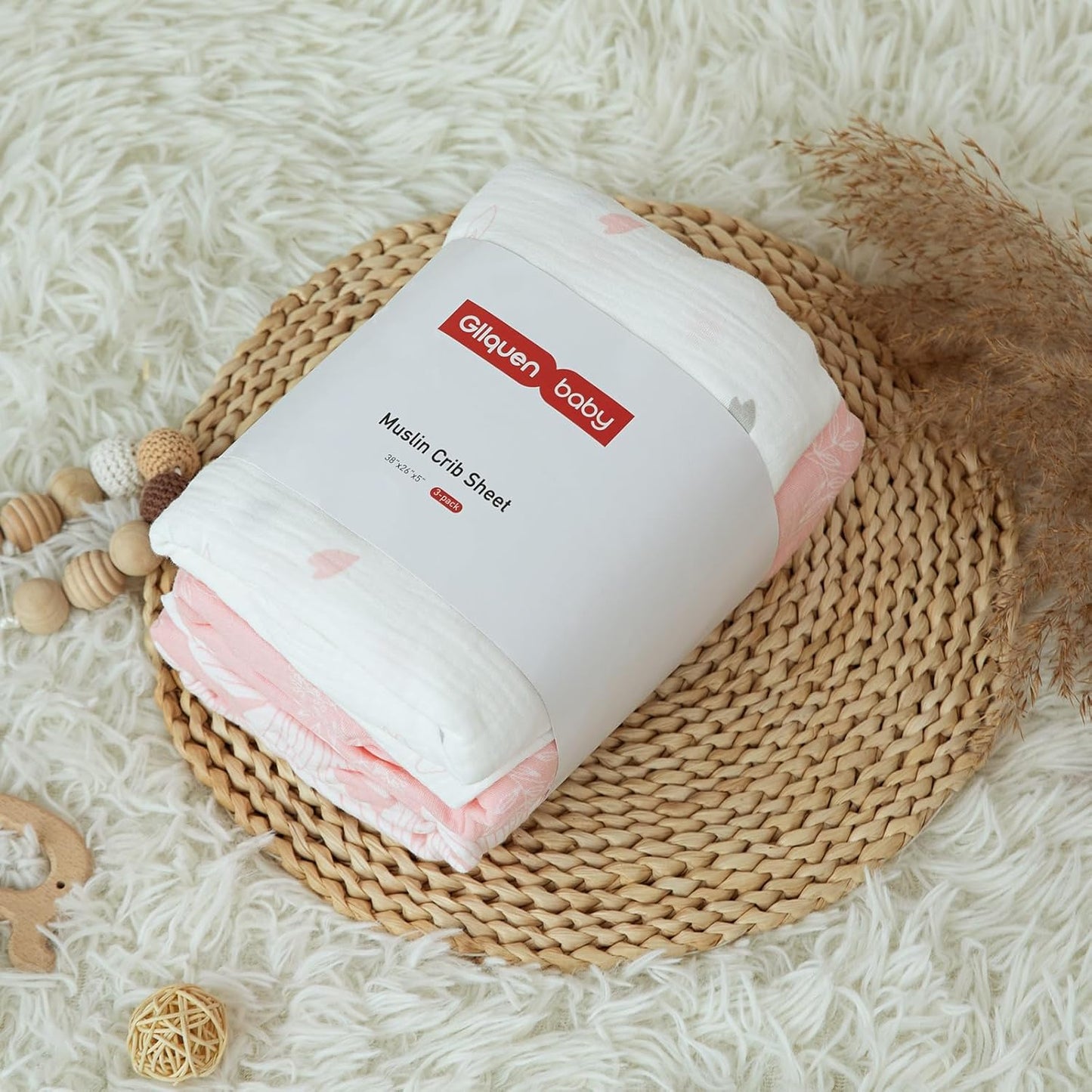 Gllquen Baby Muslin Mini Crib Sheets 3 Pack, Breathable Pack and Play Sheets Fitted Soft Cozy Cotton Pack N Play Sheets for Baby Boy Girls, Universal Fitted Mini Crib Mattresses 38"x26" (Pink)