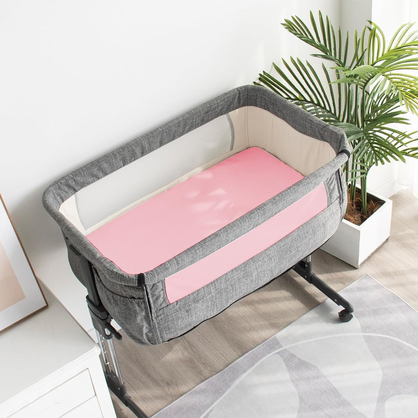 Waterproof Bassinet Sheets Fit for Halo, Dream on Me, Ingenuity, Fisher Price, Delta, Graco and Other Oval Bassinet Mattress, 2 Pack, Ultra Soft Microfiber Sheets, Grey & Pink