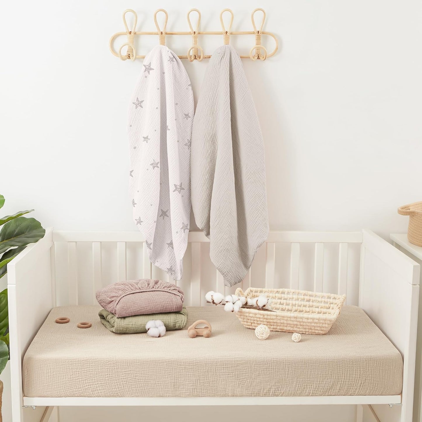 Bearmoss Muslin Crib Sheets - 100% Cotton Baby Crib Sheets Fitted for Standard Crib Mattress & Toddler Bed Mattress 52"x28" Soft Breathable Crib Sheet Neutral for Boys Girls - 2 Pack (White Star)