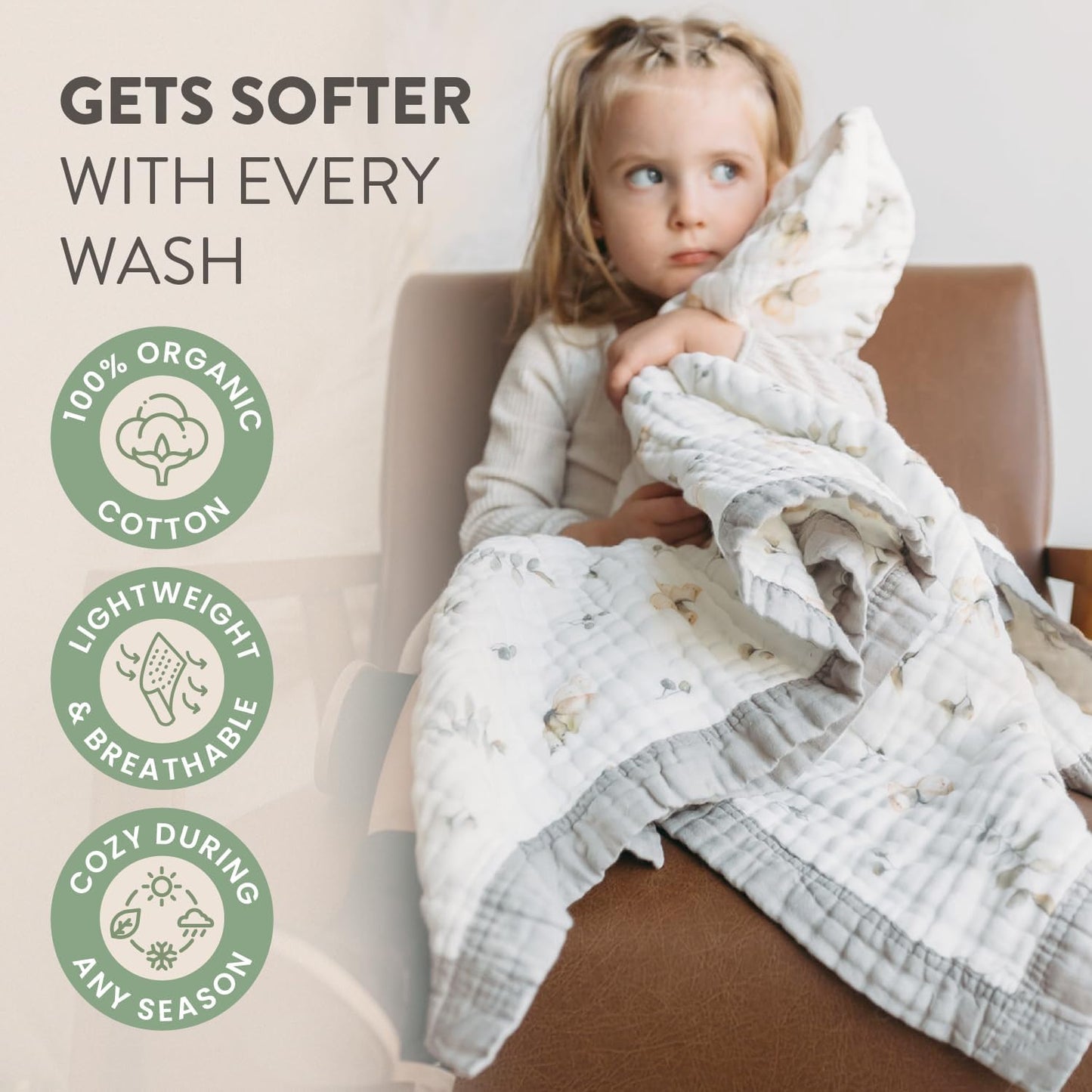 Organic Cotton Muslin Baby Blanket for Boys and Girls - Luxurious Soft Toddler Quilt for Swaddling - Gender Neutral Blankets Makes a Great Pastel Floral