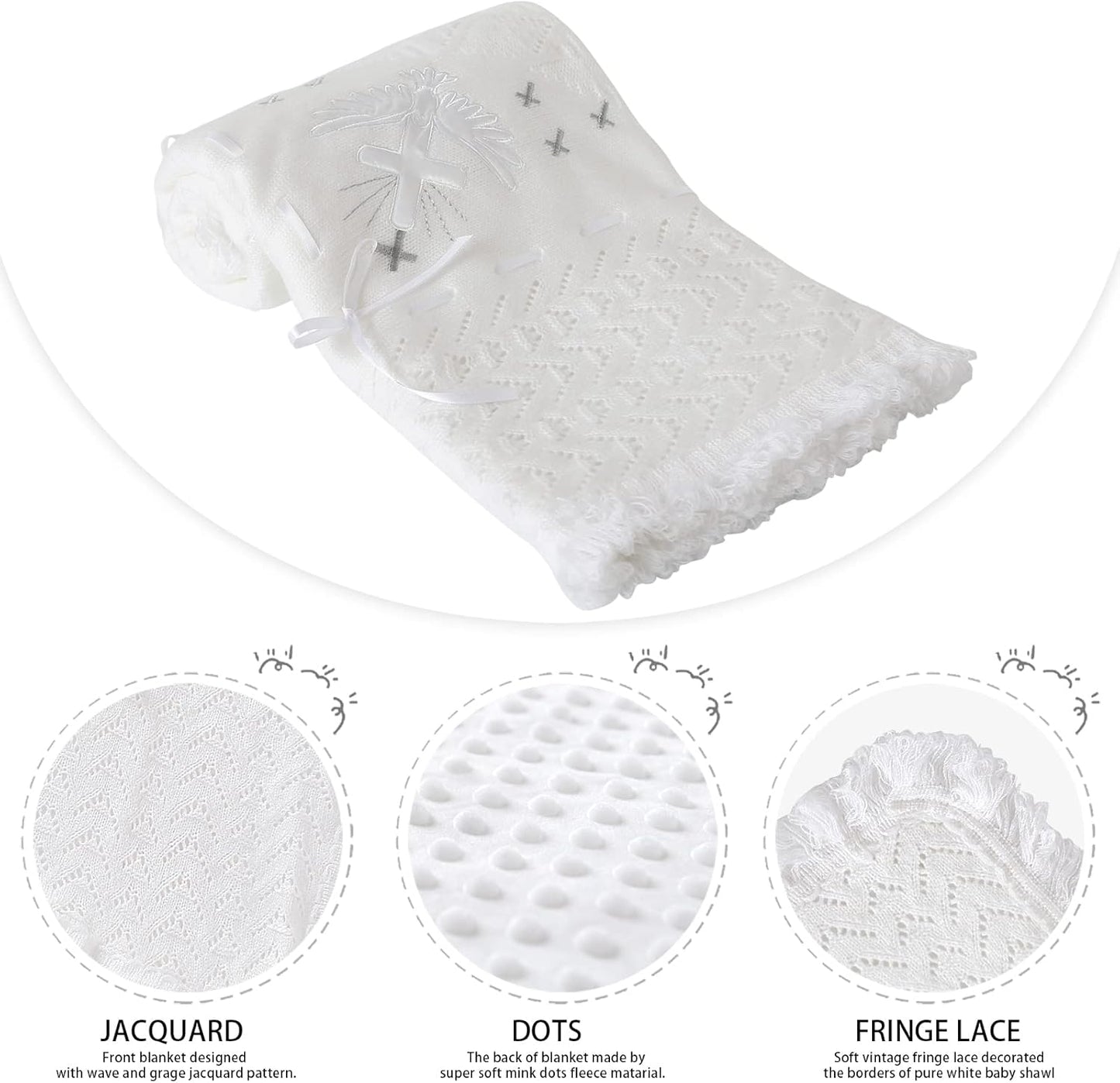 Booulfi Baby Christening Blanket Newborn White Baby Blanket Shawl Neutral Knitted Baptism Blankets for Babies Fleece Lined Winter Warm Blankets,Size 37x39 “