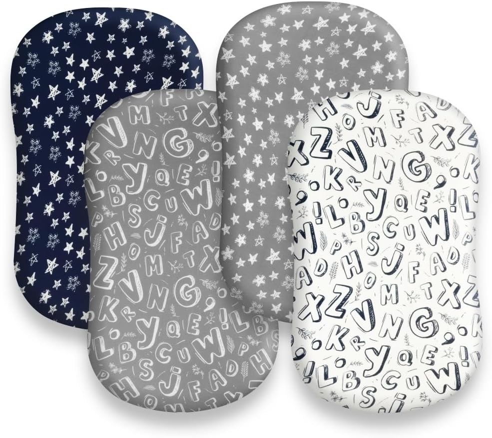 4 Pack Breathable Bassinet Sheets for Baby Boys Neutral Unisex Soft Bassinet Fitted Sheets for Toddler Travel Bassinet (Letter)