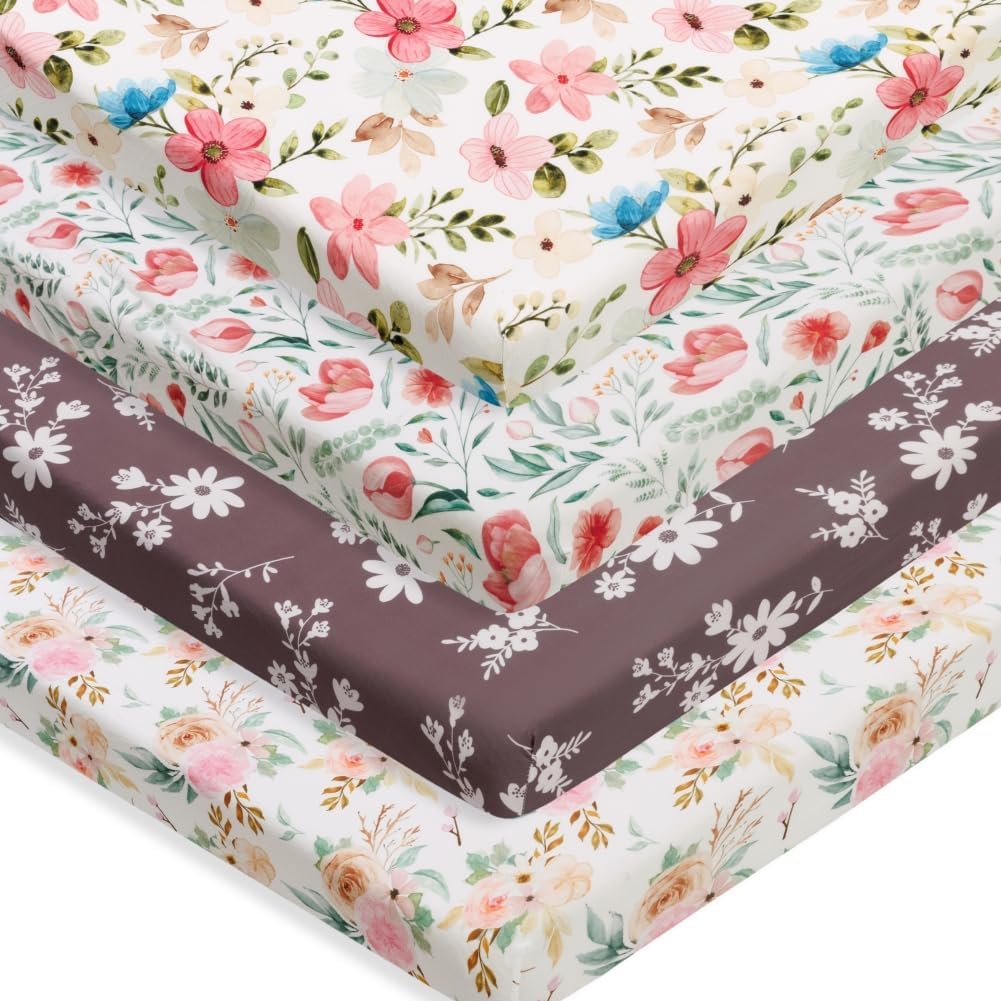 4 Pack Baby Girl Pack N Play Mini Crib Sheets Set Soft Fitted Floral Theme Baby Girl Mattress Covers Breathable Toddler Bed Sheets for Infant or Newborn(Flower, Pack N Play Mini Crib Sheets)