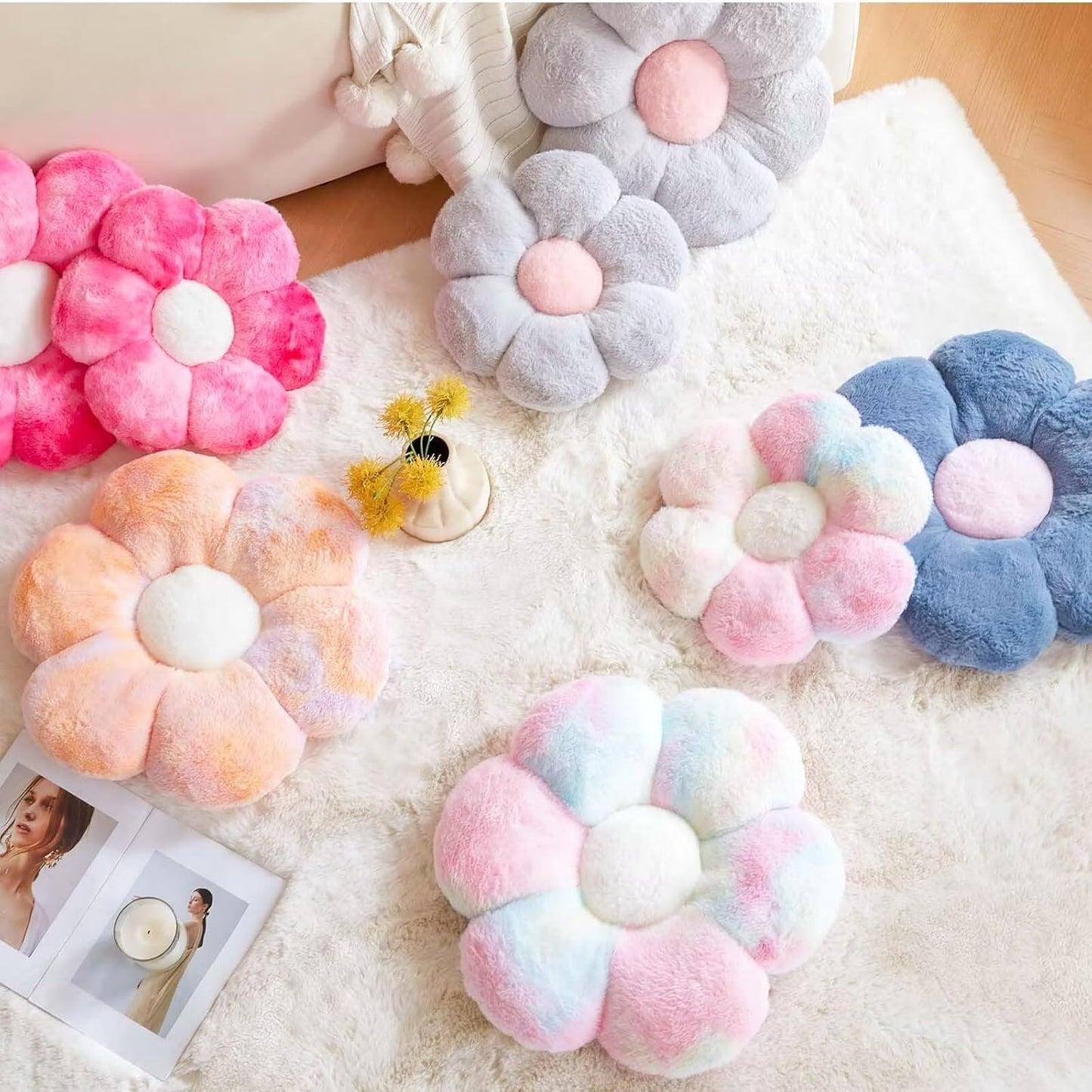 Rainbow Pink Flower Pillow, Cute Decorative Flower Shaped Throw Pillow with Faux Rabbit Fur, 14.9" Soft Flower Plush Throw Pillow Floor Pillows Room Décor for Bedroom Living Room