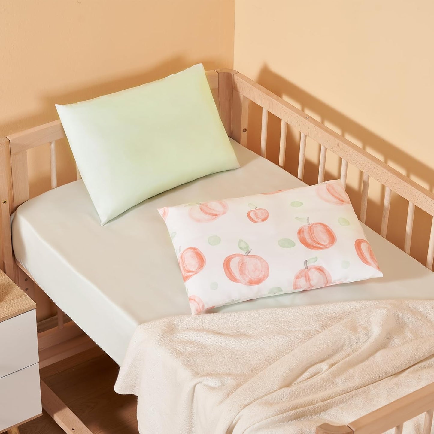 TILLYOU Toddler Pillowcases 13 x 18 Travel Pillow Case 2 Pack, Kids Pillowcases Machine Washable with Envelope Closure, Peach dot & Light Green