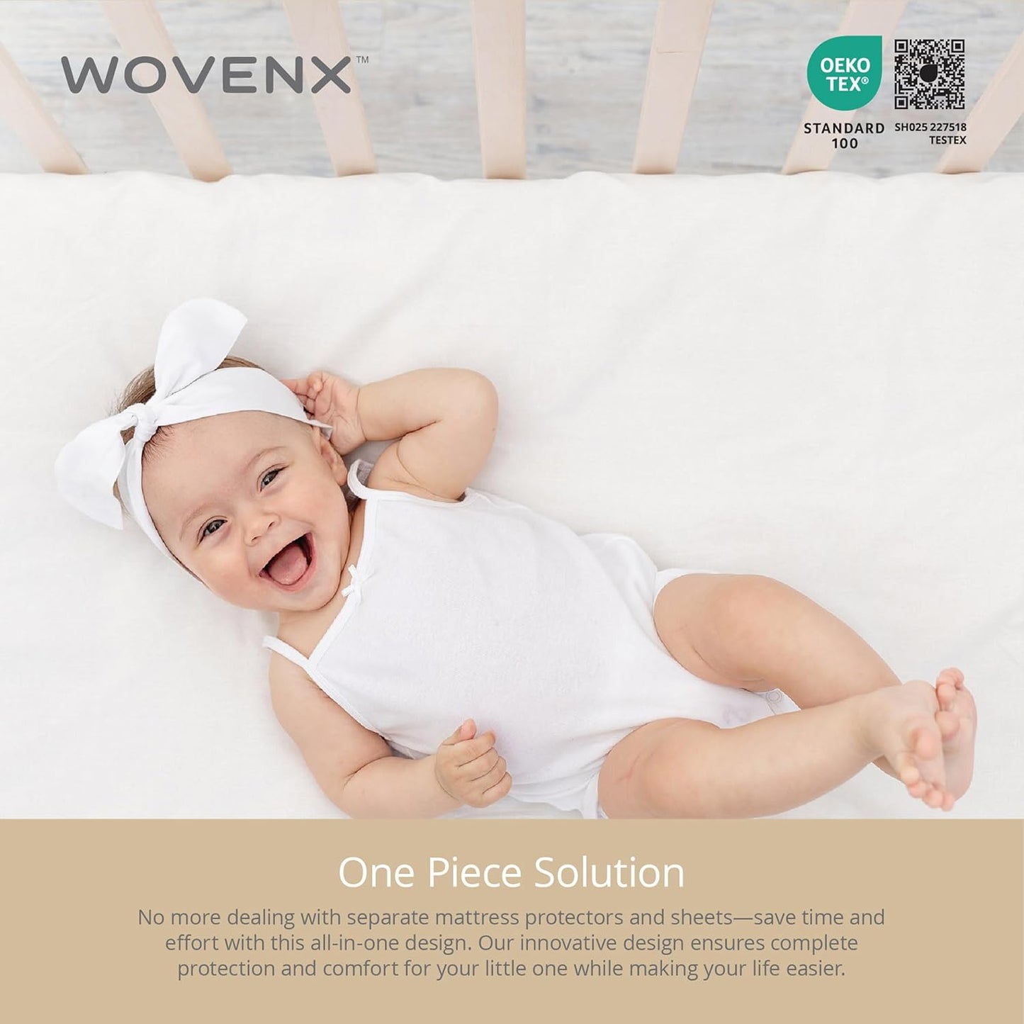 Organic All in One Crib Sheet and Mattress Protector - Waterproof Protectors - Reusable Washable – Fits Cribs – 52”x28”- with 9” Skirt White