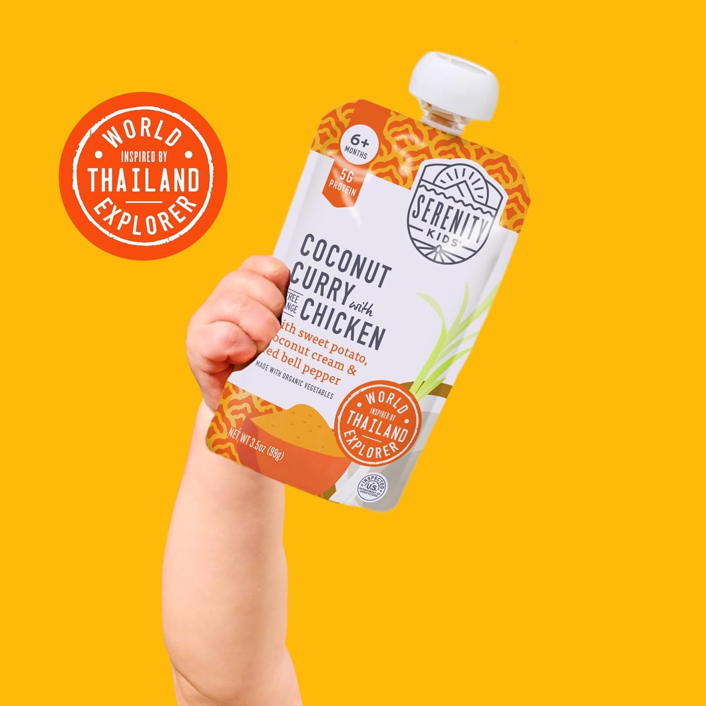 Serenity Kids 6+ Months World Explorers Coconut Curry Chicken Baby Food Pouch - BPA-Free Pouches - Ethically Sourced Meats & Organic Veggies - GMO-Free Savory Blend - 3.5 Oz, 12 Pack