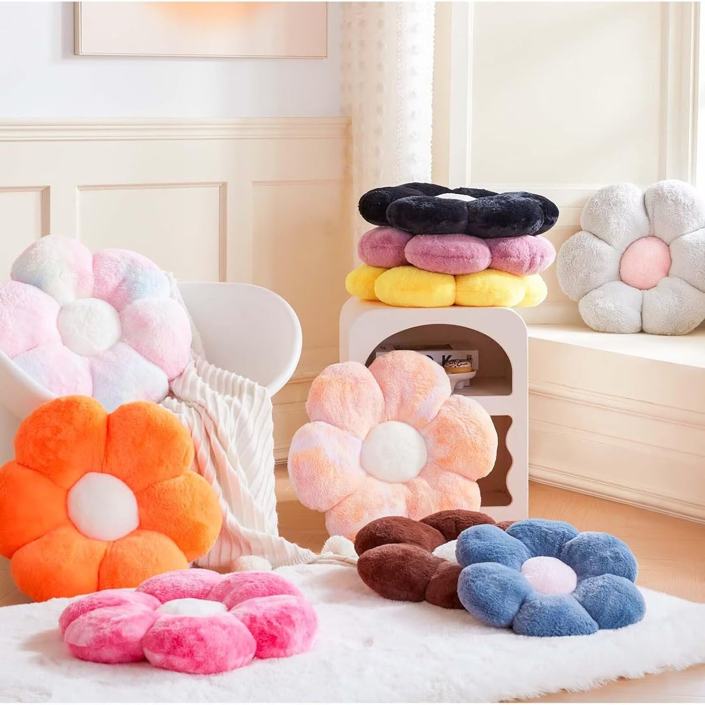 Royal Blue Flower Pillow, Cute Decorative Flower Shaped Throw Pillow with Faux Rabbit Fur, 19.6" Soft Flower Plush Throw Pillow Floor Pillows Room Décor for Bedroom Living Room