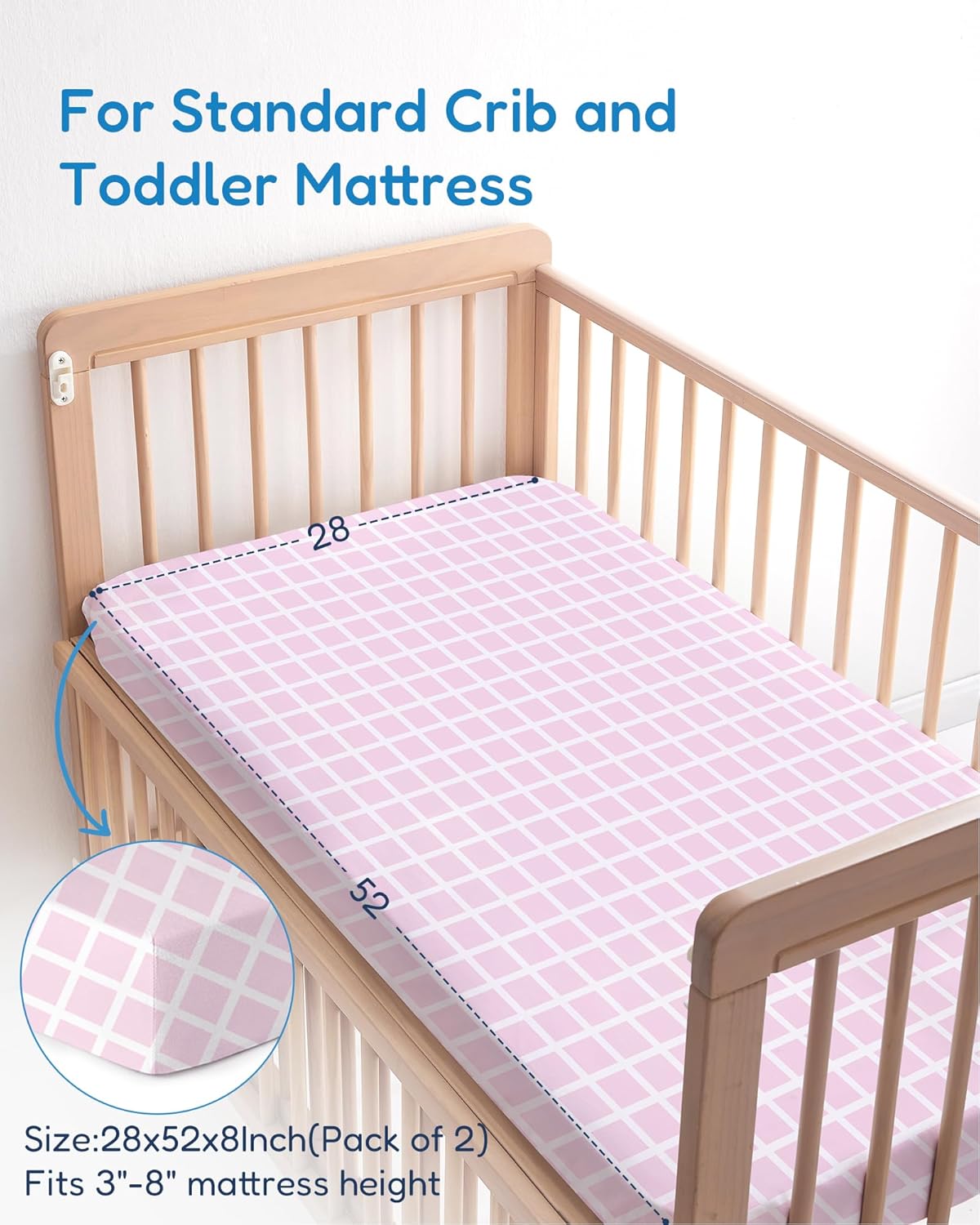 Baby Crib Sheets Boy Girl for Standard Crib Mattress - Flower&Pink Checkered Crib Sheet, Soft Jersey Knit, Breathable and Cozy, Fits 28''x52''x9'' Extra Deep Pocket