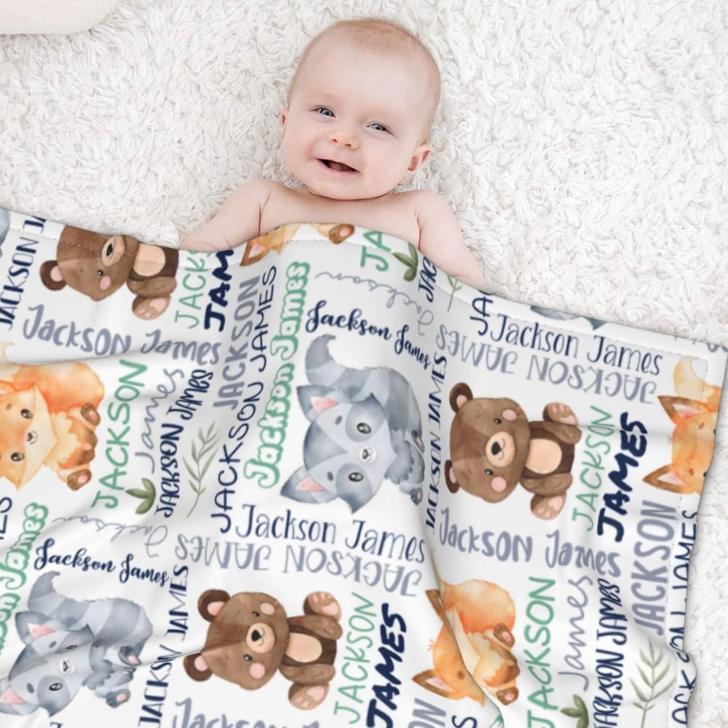 Personalized Woodland Animals Blanket - Custom with Name, Swaddle for Toddlers & Newborns