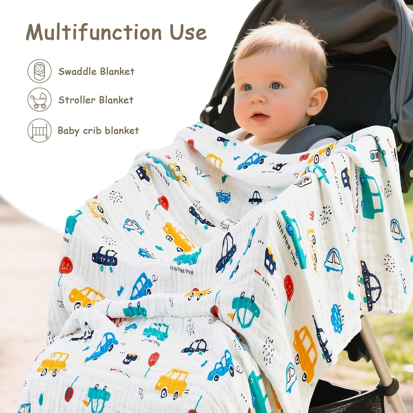 Luxury Muslin Baby Blanket, Cozy Swaddle, 6-Layer Cotton Receiving Blanket for Newborn Infant, 59x43 Inch Lightweight Breathable Crib Blanket, Nursery Stroller Toddler Quilt, Car Family