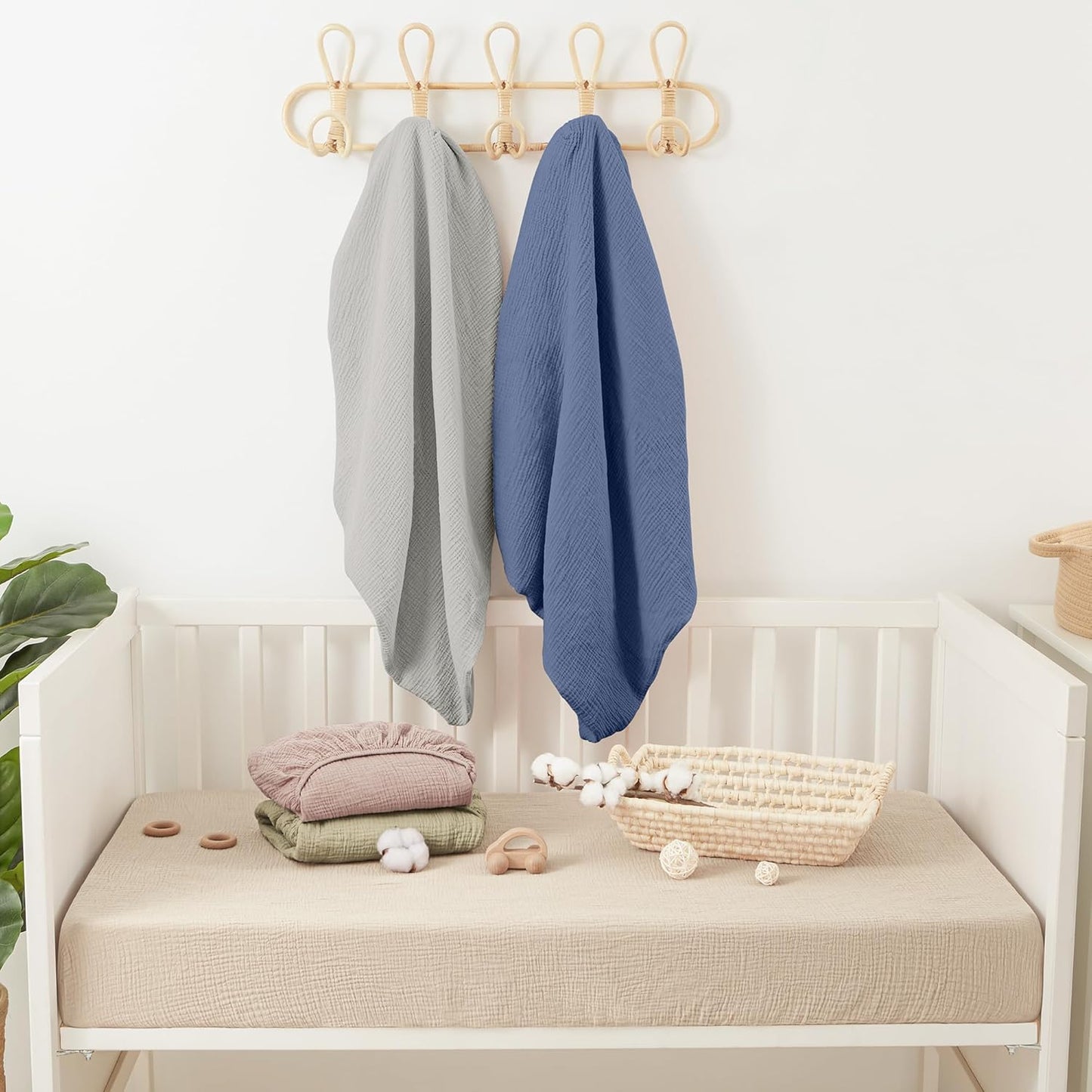 Bearmoss Muslin Mini Crib Sheets for Pack N Play Mattress - 100% Cotton - 38"x24" Soft Breathable Playard Baby Crib Sheets Neutral for Boys Girls - 2 Pack (Blue Elephant)