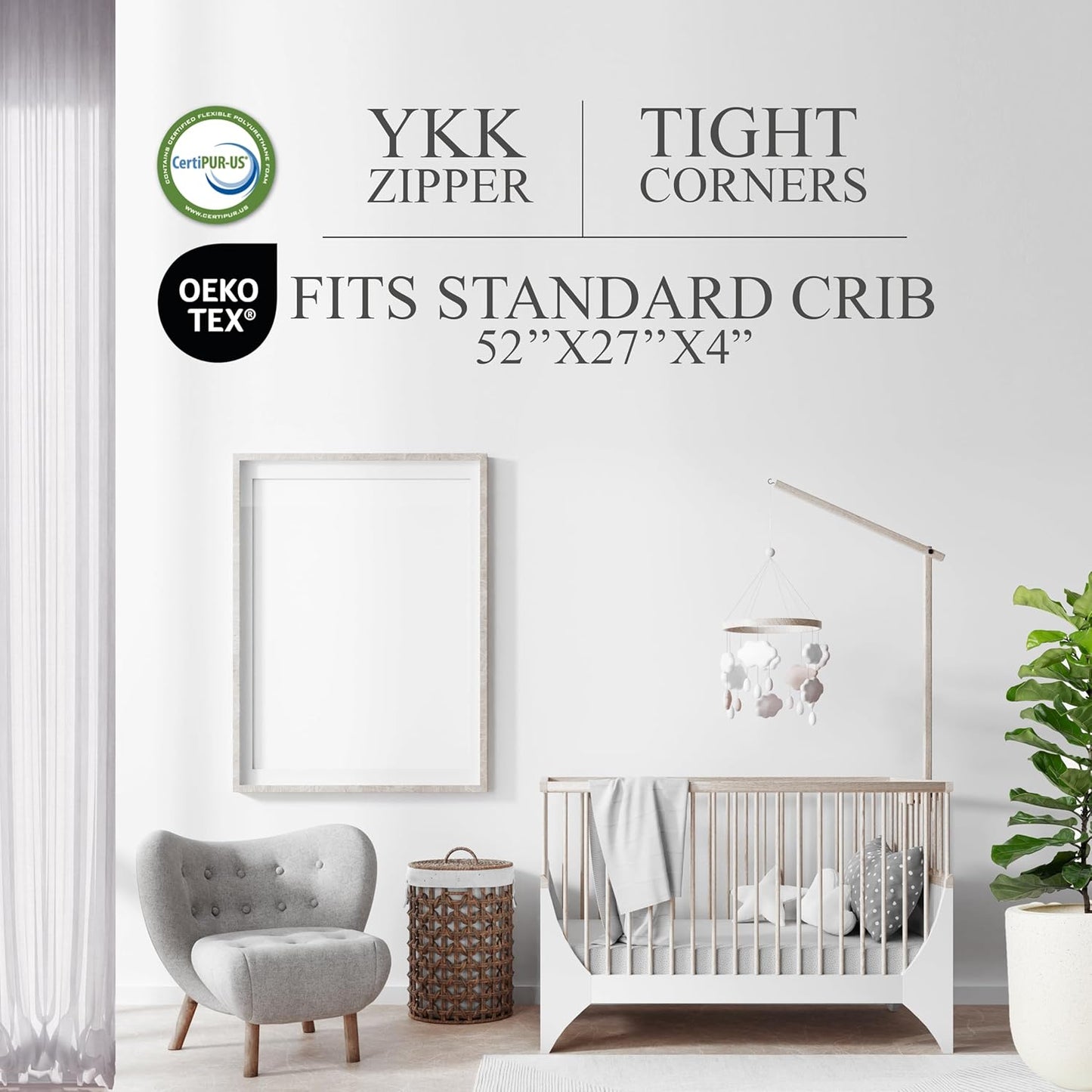 Organic Cotton 2-Sided Crib Mattress | Waterproof Washable Protector w/Ventilated Foam Lining | Light 2-in-1 Baby Mattress w/Firm Support for Infant & Soft CertiPUR Foam for Toddler | 52x27.5x4”