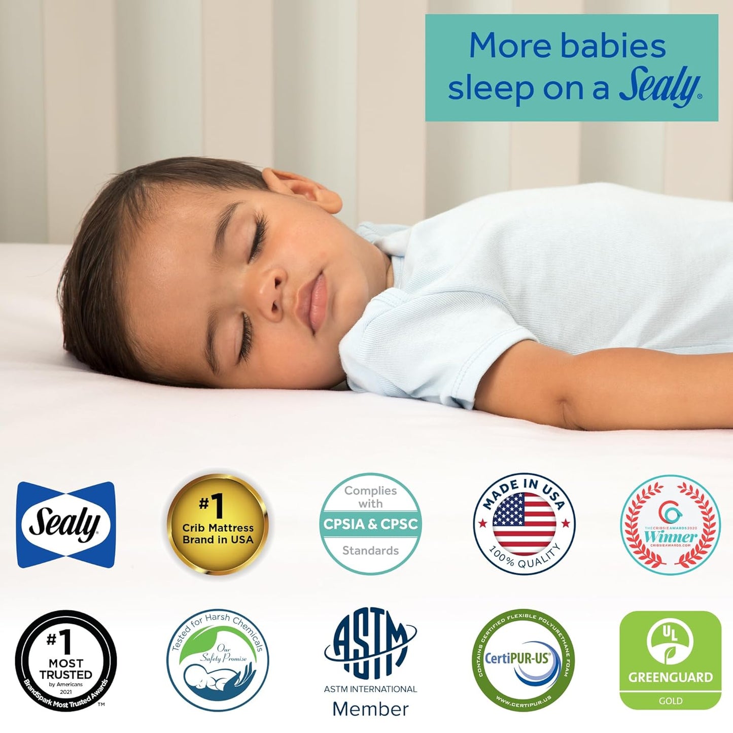 SEALY BABY OmniPedic Refresh Breathable 2 Stage Waterproof Crib Mattress Plus Toddler Bed Fit, Removable Knit Cover, GREENGUARD Gold Certified, Safety & Quality Tested, Made in USA, 52X28 -White