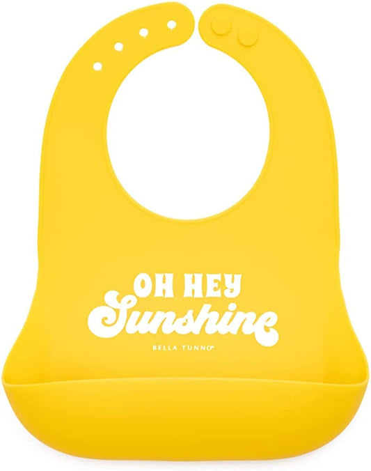 Baby Bib for Eating by Bella Tunno, Waterproof Silicone Bib with Large Food Catcher, Adjustable Fit for Babies 4-12 months & Toddlers 1-3 Years, Boys & Girls, Oh Hey Sunshine