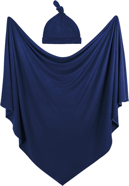 OWLOWLA Swaddle Blanket and Hat Set Newborn Swaddle Wrap Baby Receiving Blanket for Baby Boys Girls(Navy)