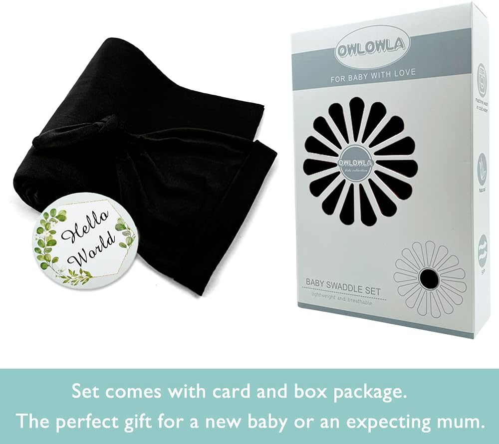 OWLOWLA Swaddle Blanket and Hat Set Newborn Swaddle Wrap Baby Receiving Blanket for Baby Boys Girls(Black)