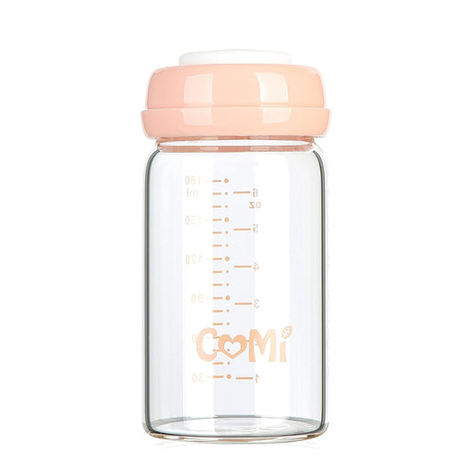COMI Wide Neck Glass Breastmilk Collection n Storage Bottle, 6oz with Screw Ring Sealing Disk; Re-markable Sealing Disc. BPA Free, Fits Breast Pumps & Nipples (Pink Lids)