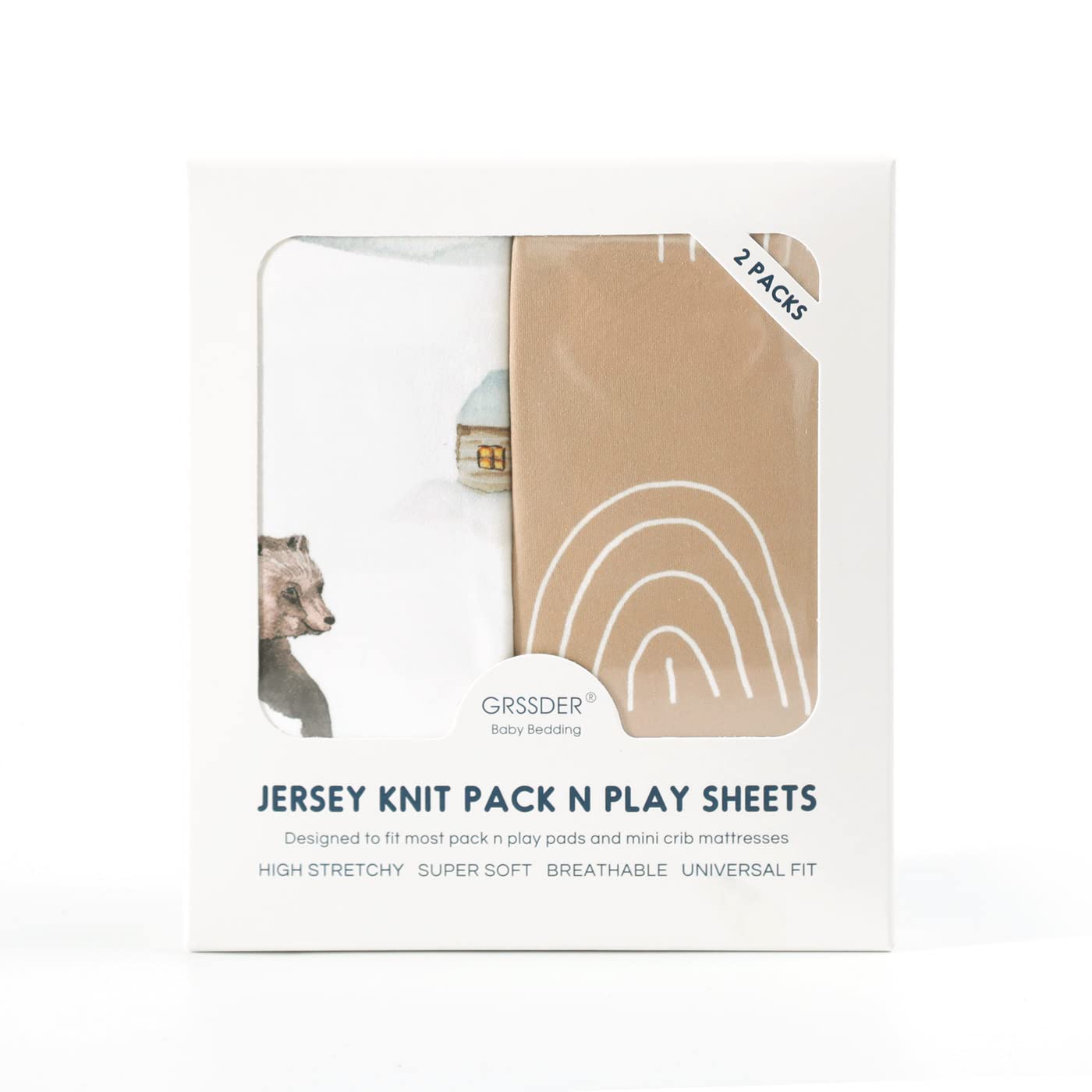 GRSSDER Stretchy Ultra Soft Jersey Knit Fitted Pack n Play Sheets Set 2 Pack, Neutral Portable/Mini Cribs Sheets, Fit Playpen Mattress Pads Safe and Snug, Jungle Bear/Rainbow for Baby