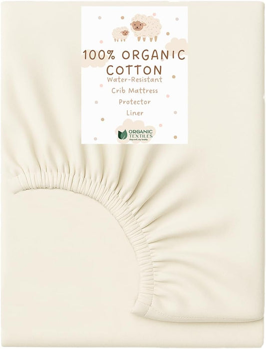 Organic Cotton Crib Mattress Protector - Water Resistant Fitted Sheet Liner Pad, Skin Friendly, Chemical-Free Pure Cotton [GOTS-Certified] - Made in USA (Mini Crib (38"x24"))