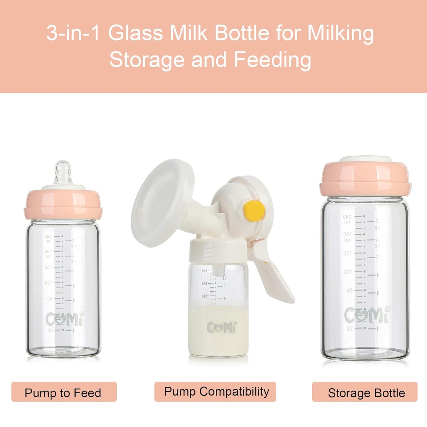 COMI Wide Neck Glass Breastmilk Collection n Storage Bottle, 8oz with Screw Ring Sealing Disk; Re-markable Sealing Disc. BPA Free, Fits Breast Pumps & Nipples (6 Pink Lids)