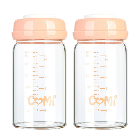 COMI Wide Neck Glass Breastmilk Collection n Storage Bottle, 6oz with Screw Ring Sealing Disk; Re-markable Sealing Disc. BPA Free, Fits Breast Pumps & Nipples (2 Pack Pink Lids)