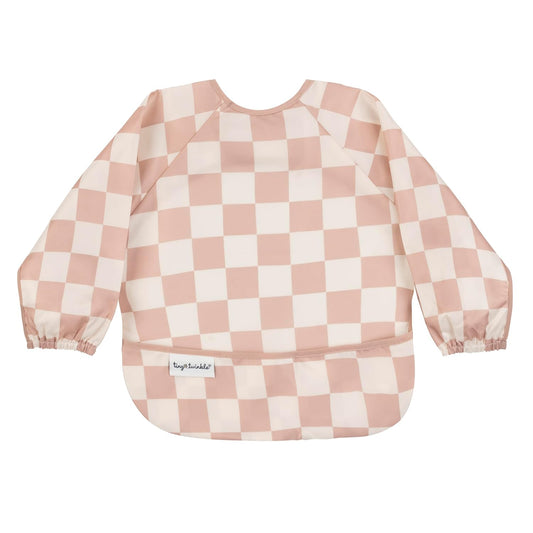 Tiny Twinkle Mess Proof Baby Bib,Waterproof Smock Baby Bib for Eating,Machine Washable Long Sleeve Bib,Baby Led Weaning,Toddler Bib,BLW Supplies(Checkers Brown, Small 6-24 Months)