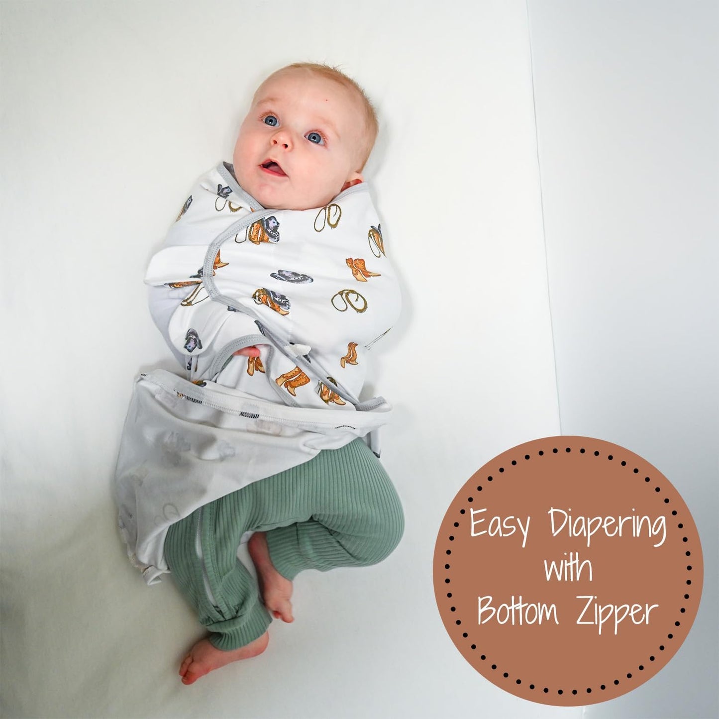 LollyBanks 100% Organic Cotton Baby Boy Essentials Swaddles 3-6 Months, Newborn Swaddle with Easy Change Zipper, Western Baby Swaddle Blanket Wrap (Cowboy Print)