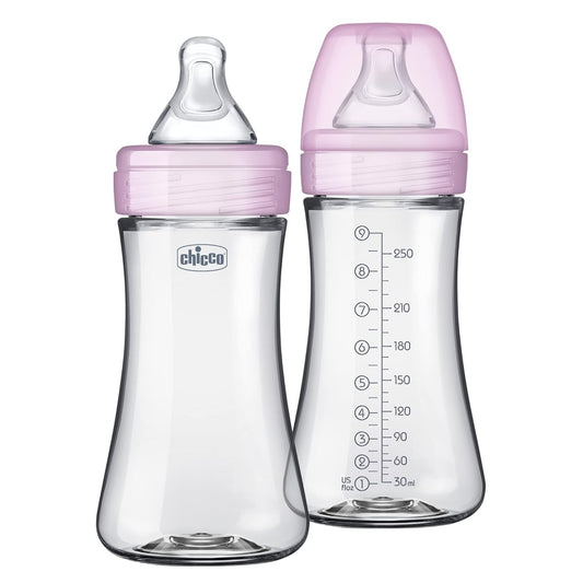Chicco Duo 9oz. Hybrid Baby Bottle with Invinci-Glass Inside and Plastic Outside | Dishwasher, Bottle Warmer, and Electric Sterilizer Safe | Intui-Latch Nipple | Clear/Pink, 2pk