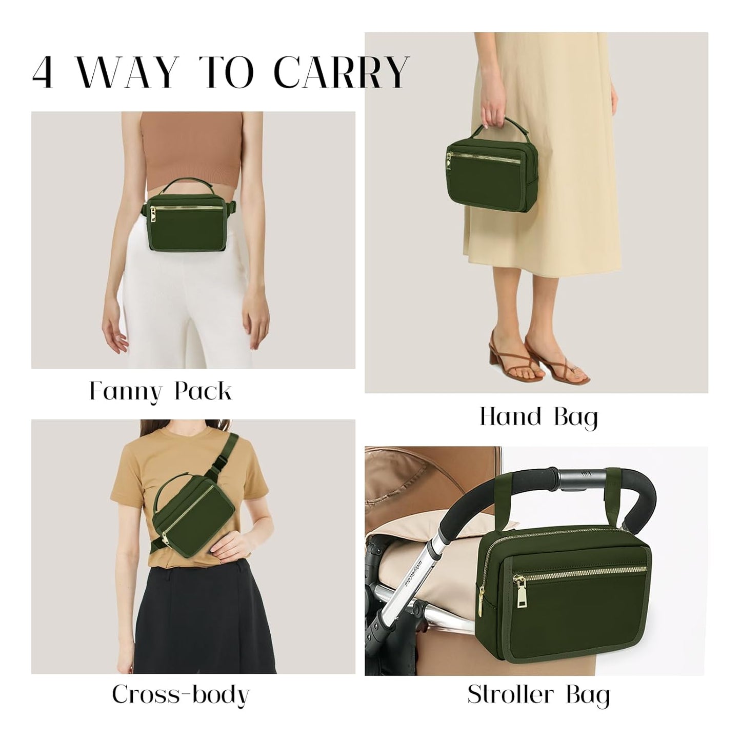 printe Small Diaper Bag with Portable Changing Pad, Crossbody Diaper Pack with Wipes Pocket, Women Waist Bag for Travel Stroller, Olive Green