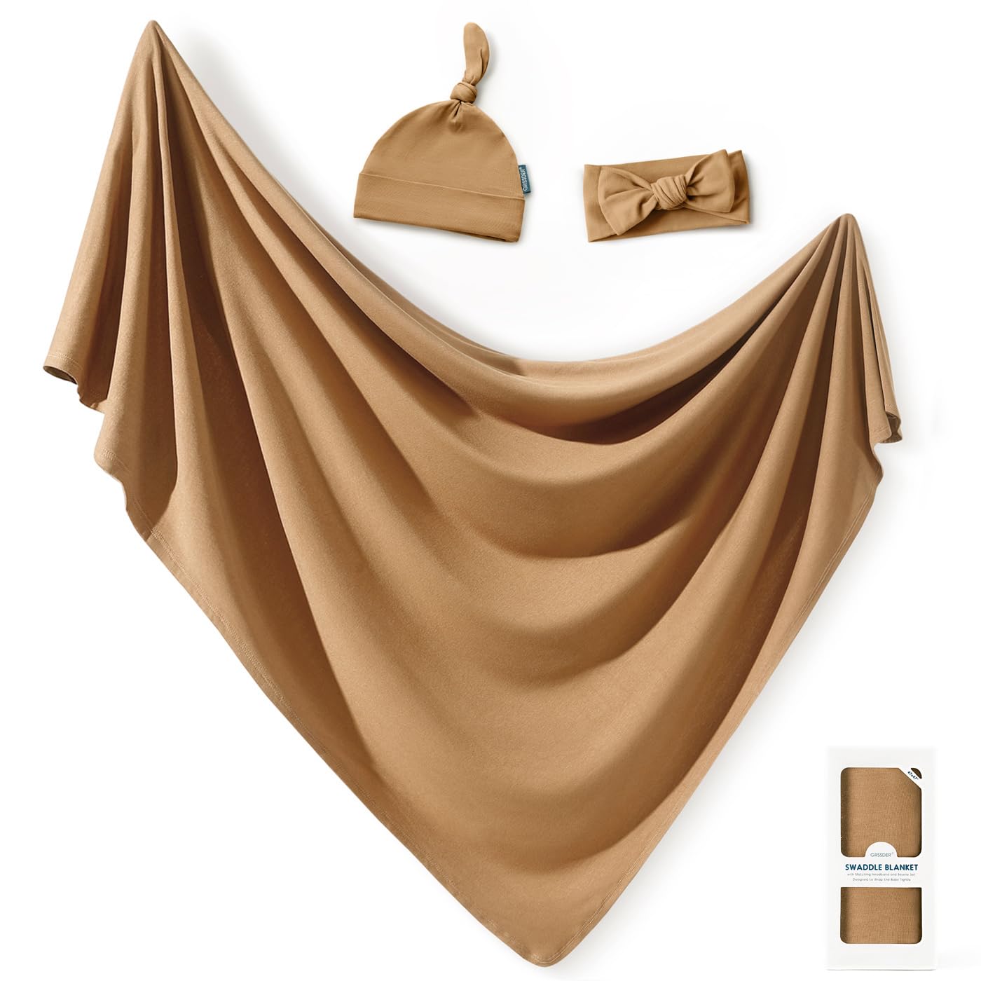 GRSSDER Newborn Swaddle Blanket, Ultra Soft Jersey Receiving Blanket with Matching Headband and Beanie Set, 47×47" Extra Large Nursery Swaddle Wrap for Girls and Boys