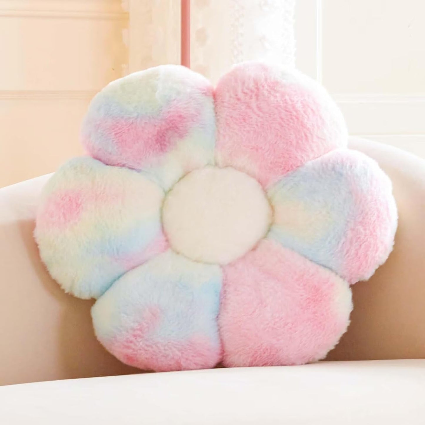 Rainbow Pink Flower Pillow, Cute Decorative Flower Shaped Throw Pillow with Faux Rabbit Fur, 14.9" Soft Flower Plush Throw Pillow Floor Pillows Room Décor for Bedroom Living Room