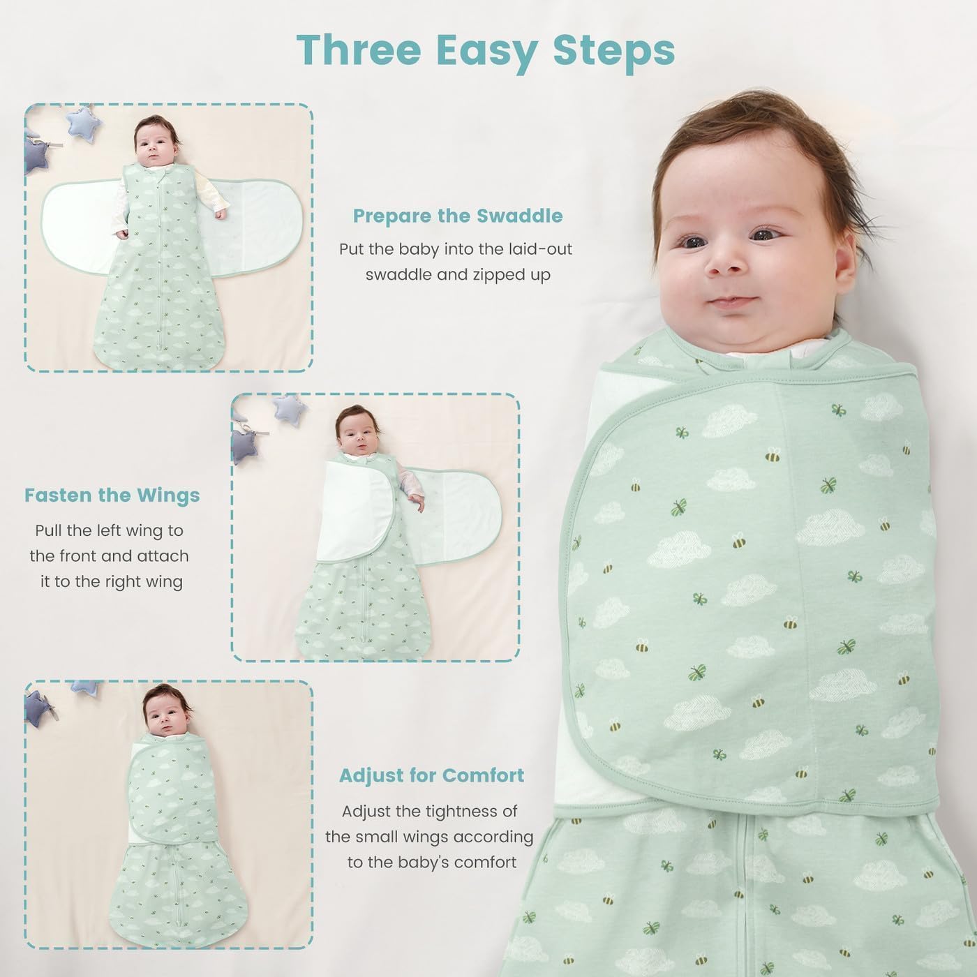 Newborn Baby Swaddle Sleep Sack 100% Cotton 1.0 Tog Wearable Blanket for 0-3, 3-6, 6-12 Months Transition Swaddler Wrap 2 Way Zip Adjustable, Easy Diaper Change, Soft & Breathable Sleepsuit