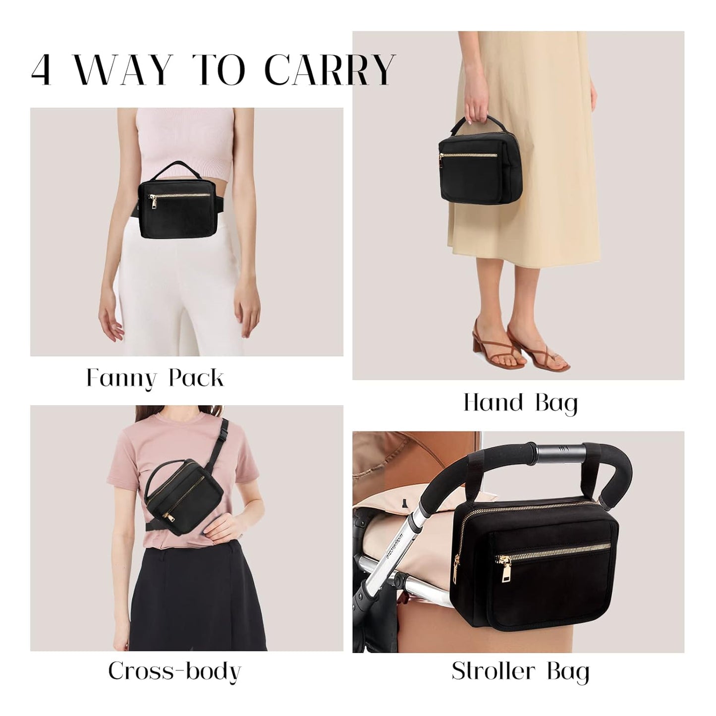 printe Small Diaper Bag with Portable Changing Pad, Crossbody Women Waist Bag with Wipes Pocket for Travel, Stroller Funny Pack, Black