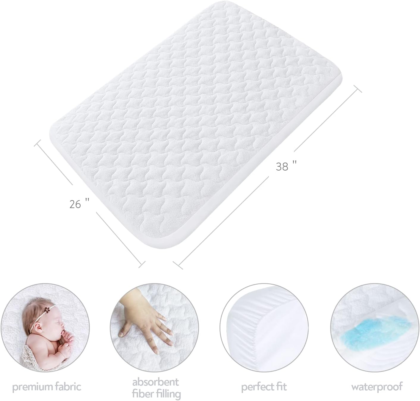 Pack and Play Mattress Pad Protector 38" x 26", 2 Pack Waterproof Pack and Play Cover Sheets, Compatible with Graco Pack n Play, Baby Trend, Dream On Me & Pamo Babe, Quilted Cotton Terry Surface