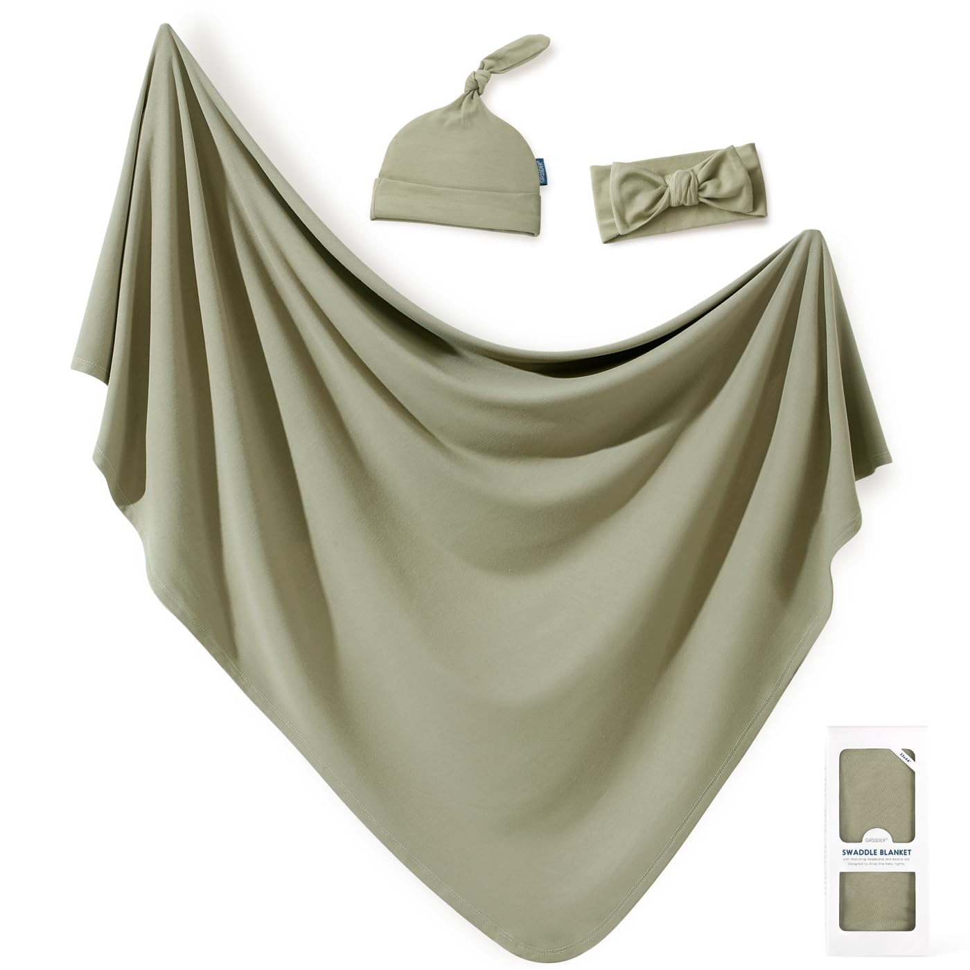 GRSSDER Newborn Swaddle Blanket, Ultra Soft Jersey Receiving Blanket with Matching Headband and Beanie Set 33×44", Stretchy Baby Neutral Swaddle Wrap for Girls and Boys