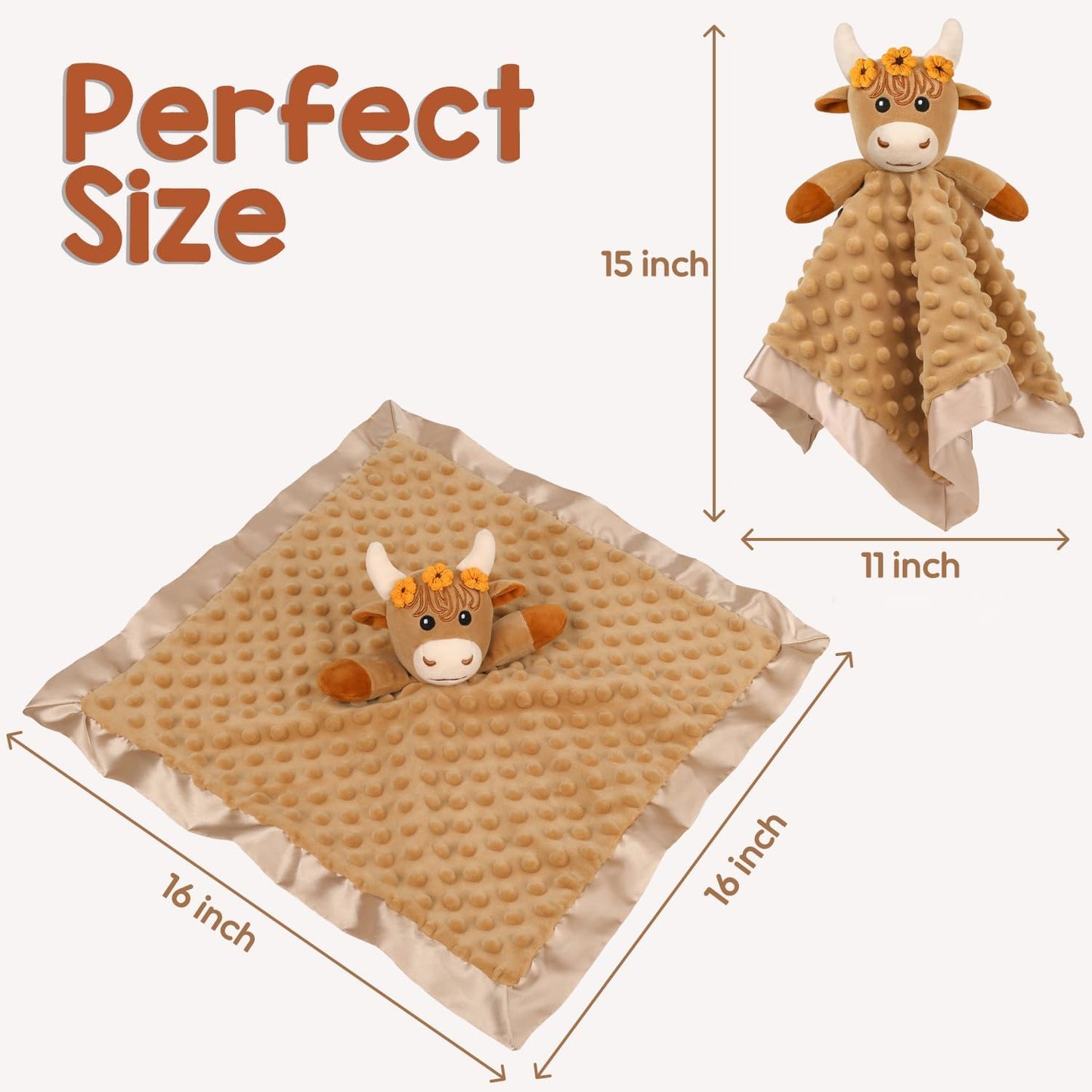 Loveys for Babies, Soft Baby Security Blanket Lovies for Babies, Stuffed Animals Blankie for Newborn Infant with Baby Snuggle Toy, Gilrs Gifts Highland Cow Security Blanket 16 Inch