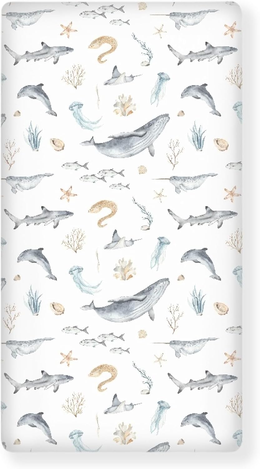 Underwater World Whale Fitted Crib Sheet Ocean Animals Baby Crib Sheet Fit Standard Crib and Toddler Mattress,Crib Mattress Sheets for Boys Girls 28"x52"