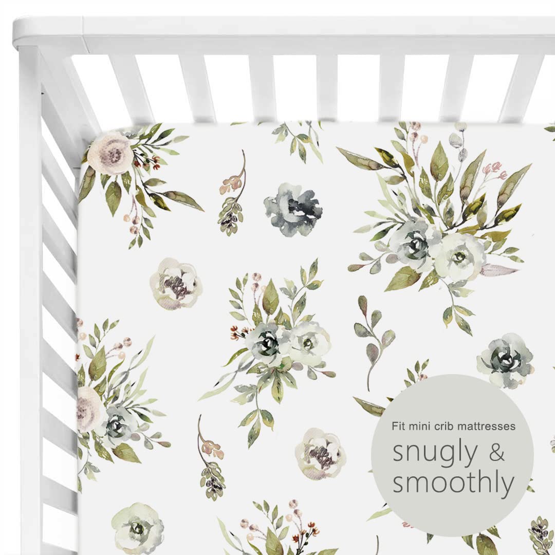 GRSSDER Stretchy Ultra Soft Jersey Knit Fitted Pack n Play Sheets Set 2 Pack， Portable Pack and Play/Mini Cribs Sheets for Girls，Stylish Watercolor Rose and Flora