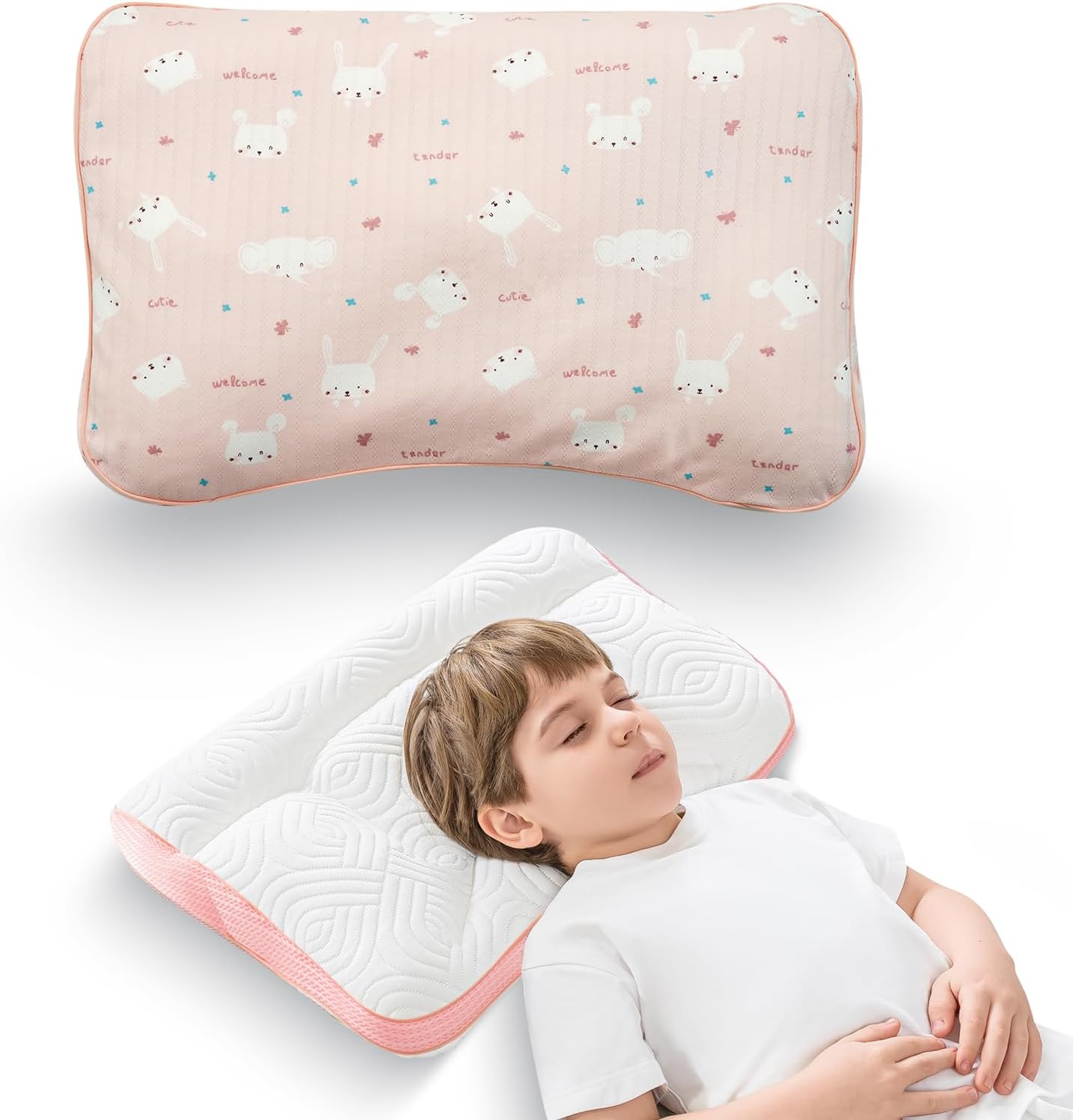 Reidio 1Pc Toddler Pillows with Removable Cotton Pillowcase Ergonomic Design Toddler Pillows for Sleeping Toddler Neck Pillow Kids Pillows Machine Washable 14x20in (Rose)