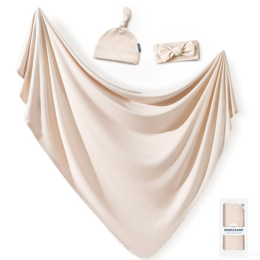 GRSSDER Newborn Swaddle Blanket, Ultra Soft Jersey Receiving Blanket with Matching Headband and Beanie Set, 47×47" Extra Large Nursery Swaddle Wrap for Girls and Boys