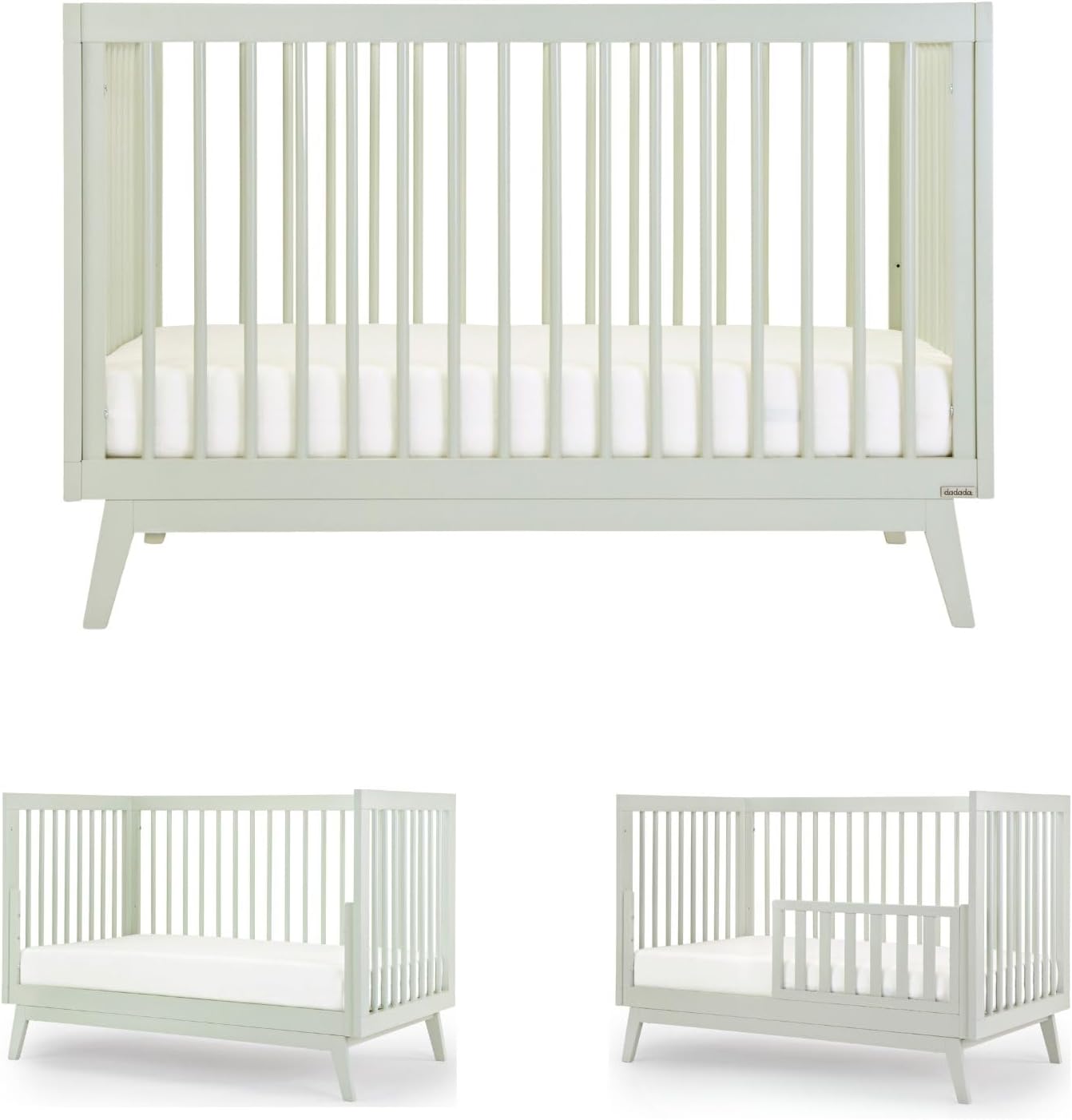 dadada Baby Soho 3-in-1 Convertible Wooden Crib to Toddler Bed - Made in Italy, GREENGUARD Gold Certified, Baby-Safe Finish, Sustainable Beech Wood, Modern Design, 3 Adjustable Heights (Sage)