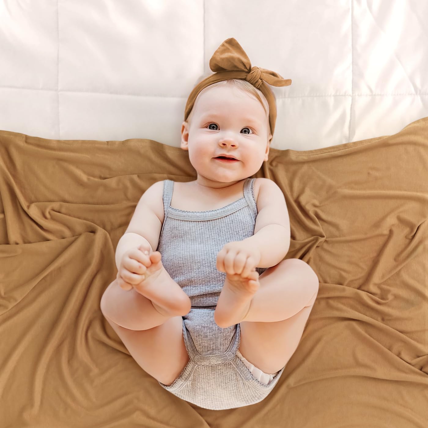 GRSSDER Newborn Swaddle Blanket, Ultra Soft Jersey Receiving Blanket with Matching Headband and Beanie Set, 47×47" Extra Large Nursery Swaddle Wrap for Girls and Boys